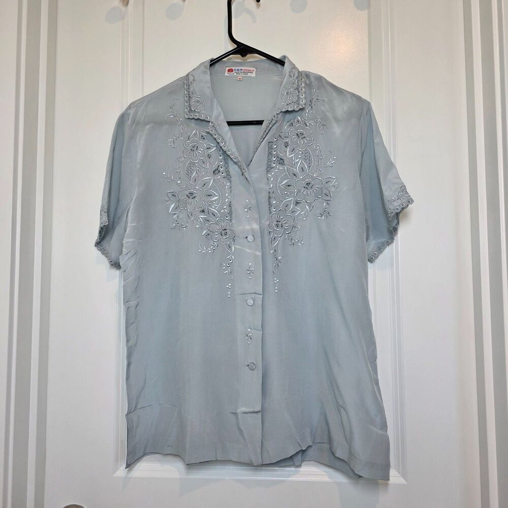 VTG Peacock 100% Pure Silk Blouse Sz 40 (Fits M or L) Hand Embroidered Luxury